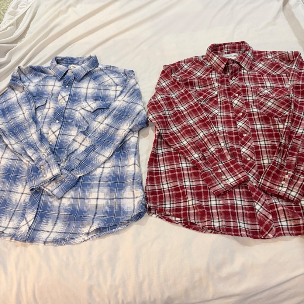 Wrangler Wrancher Shirts XXL 2 Pack Plaid Western Pearl Snap Cotton Red Blue